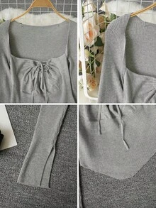 Spring/Summer New Fashionable Drawstring Tie Neck Long Sleeve Cropped Top Women, Open Slit Flare Sleeve Fitted Slim Blouse, Chic Casual Wear Showing Collarbone - Grey - View 6