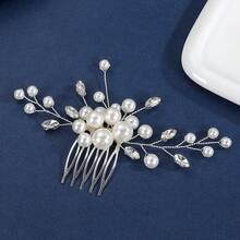 1pc Handmade Pearl & Crystal Hair Comb, Bridal Hair Accessory - Silver - View 6