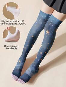 1/2 Pairs Thin 3D Printed Gold Star & Night Sky Pattern Over-The-Knee Socks - Romantic Starry Sky Design, Showcasing Elegance And Mystery | 360 Digital Printing Over-The-Knee Socks - Multicolor - View 1