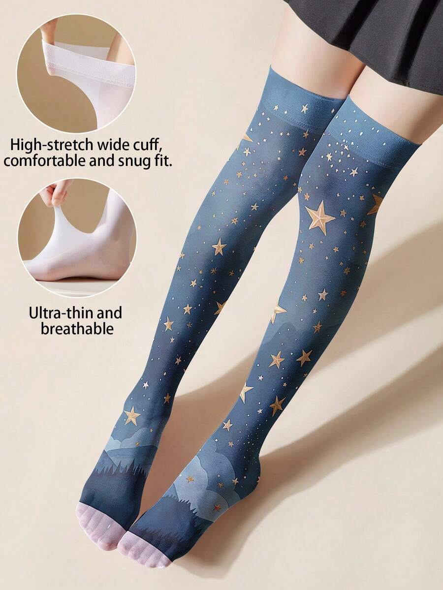 1/2 Pairs Thin 3D Printed Gold Star & Night Sky Pattern Over-The-Knee Socks - Romantic Starry Sky Design, Showcasing Elegance And Mystery | 360 Digital Printing Over-The-Knee Socks - Multicolor - View 1