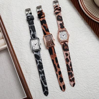 1pc/Set Vintage Leopard Print Leather Belt Watch, Niche Rhinestone Square Dial Barrel-Shaped Quartz Watch, Elegant Commuting & Dating Ladies Wristwatch