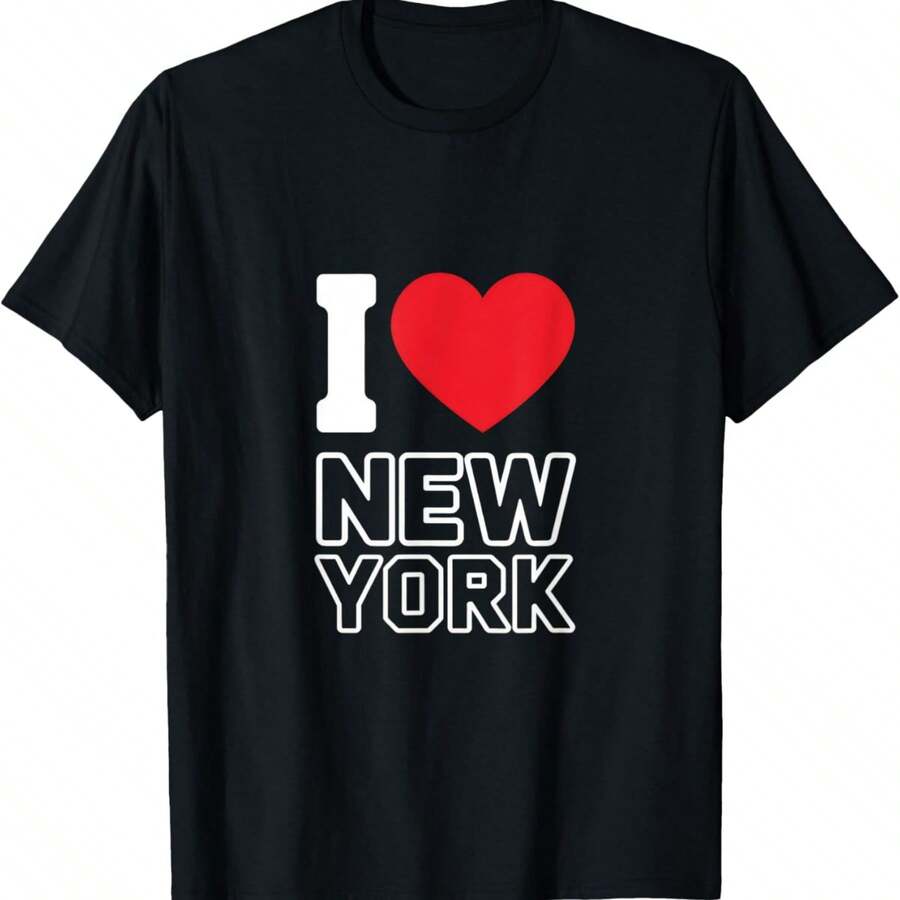 180GSM Pure Cotton Printed T-Shirt With I Love New York - New York City Nyc Theme Soft Breathable Durable Comfortable Easy To Wash Knitted Fabric Stylish Personality Design High Quality Pure Cotton Lightweight For Daily Wear - 黑色 - 查看 1