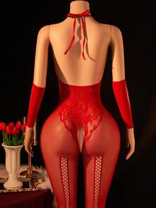 2 piezas Conjunto de lencería sexy para mujer, body sexy y mangas, body sin entrepierna, cuello halter espalda descubierta, atuendo sexy para chica, bikini pareo, disfraz sexy para fiesta de San Valentín - Rojo - Ver 2