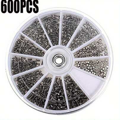 600pcs Assorted Hardware Kit, Screws, Bolts And Nuts, Metric Machine Screws And Nuts Bolt Set M1 M1.2 M1.4 M1.6 For Watch, Fashion Glasses, Eyeglasses Repair Kit