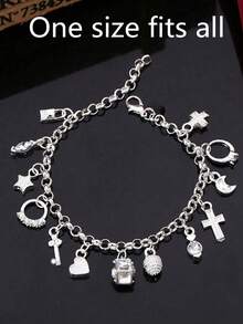 1件装手链 女士日常周年纪念宣言 多吊坠 十字架 爱心 星星 银色 - 銀色 - 查看 4