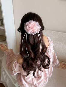 1 pieza Elegante Scrunchie de pelo con flor 3D rosa de moda para mujer, Lazo de flor de malla sofisticado y dulce para niña, Accesorio de pelo elástico con moño para coletero - Multicolor - Ver 5