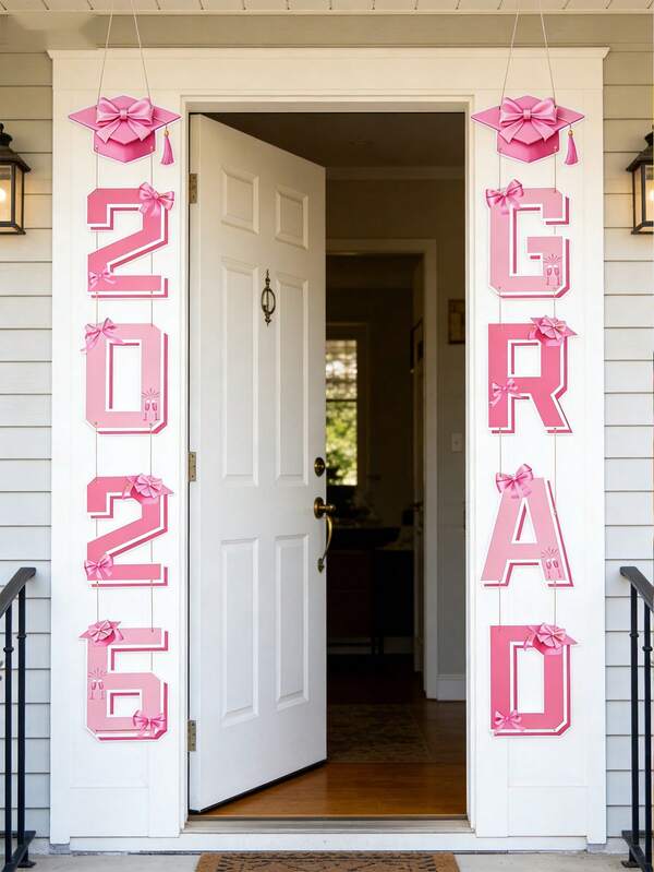 1set 2026 Grad Pink Paper Door Hanging Decor,With Graduation Cap Bow Design,2026 Graduation Season Party Door Hanging Banner,Class Of 2026 Congrats Grad Paper Door Couplets, Graduation Party Decor,Graduation Party Supplies, Photography Props,Graduation Party Background Decor, Room Decor, Home Decor,Door Decor,Graduation Gifts, Graduation Party Favors
