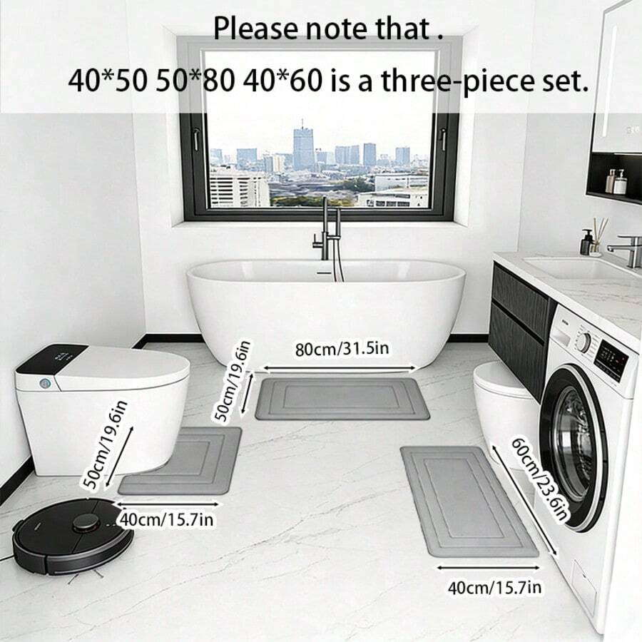 3pcs Curved Bathroom Anti-Slip Anti-Moisture Bath Tub Toilet Home Soft Absorbent Anti-Slip Mat Shower Non-Slip Small Rug - Grey - View 1