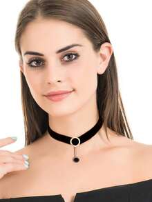 1 chiếc dây chuyền mặt dây chuyền tròn bằng thủy tinh kiểu tối giản bằng nhung dành cho nữ - màu đen - Xem 2