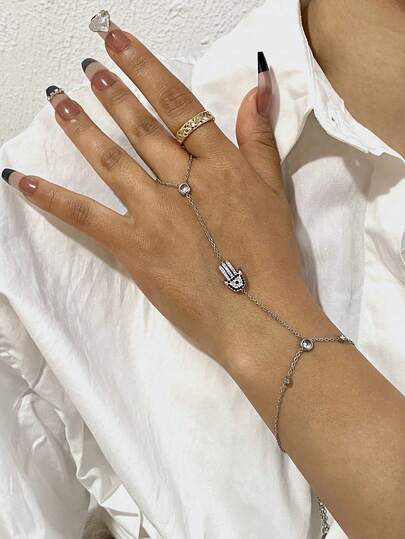 1件个性化棕榈恶魔之眼水钻镶嵌复古金属多色链条指链，适合节日、派对、聚会、度假、旅行、送礼