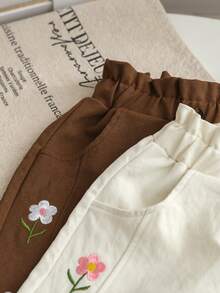 Set de 2 pantalones casuales con bordado floral para niñas, nuevos pantalones de ocio para primavera/otoño con cintura elástica para niñas - Multicolor - Ver 3