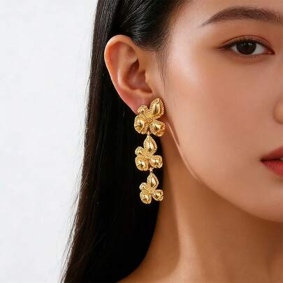 一对金属流苏式花朵设计耳环，欧美时尚优雅四瓣花耳环，派对和宴会的理想礼物