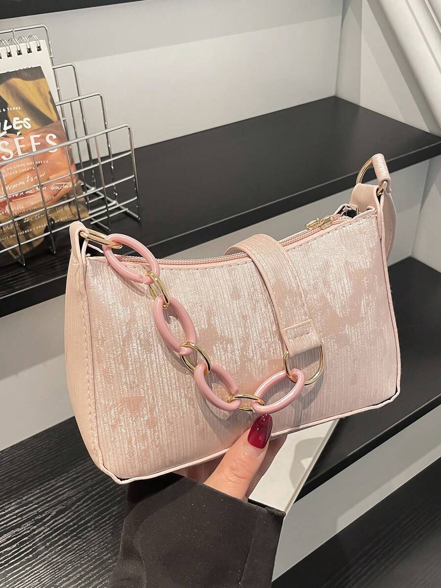 Shiny Chain Shoulder Bag, Baguette Bag, Suitable For Shopping, Dating, Parties, And Commuting, Adjustable Shoulder Strap, Simple And Elegant Ladies Shoulder/Underarm Bag