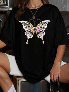 Camiseta femenina de manga corta con estampado artístico de mariposa colorida, diseño moderno, tejido suave y cómodo para verano casual elegante - Negro - Ver 6