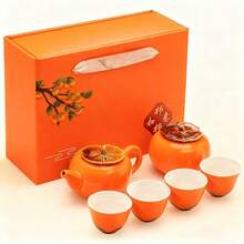 手工陶瓷茶具套装，现代风格，礼品级茶具，釉面陶瓷，饰有“好事成双”和“一切顺利”的吉祥图案，包含茶壶和茶杯，是个人使用、居家招待、办公室休息室和特殊场合的理想之选，也是完美的节日礼物。 - 彩色 - 查看 9