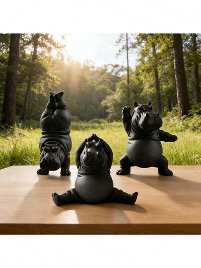 3pcs Hippopotamus Figurines - Durable Plastic Hippo Sculptures, Suitable For Indoor/Outdoor, Peaceful Animal Desktop Decor, Cute Cartoon Hippo Design - Perfect For Yoga Studio Decoration, Ideal Gift For Yoga Enthusiasts (Hippo Statues)