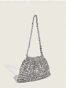 Nova Bolsa de Ombro Feminina Feita à Mão com Contas de Metal Trançado, Bolsa de Massa Trançada Vazada, Bolsa com Contas de Pérola Prateada - Prata - Visão 2