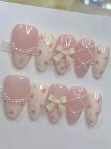10片花朵珍珠法式美甲短杏仁形Y2K风格可爱少女蝴蝶结芭蕾舞鞋简约多用途手工假指甲，适合日常佩戴 - 彩色 - 查看 10