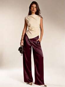 Pantalones de seda de satén de unicolor para mujer con bolsillos y cremallera, adecuados para vacaciones, oficina, brunch, aeropuerto, todas las estaciones primavera - Champán - Ver 10