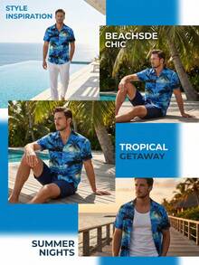 Men's Hawaiian Shirt,Coconut Tree Print Short Sleeve Shirt,  Vacation Beach Shirt, Tropical Floral Shirt, Summer Shirt, Palm Tree Shirt, Casual Button Down Shirts, Hawaiian Print Shirt, Palm Tree Shirt,Lapel Collar, Regular Fit, Spring/Summer Beachwear - Màu xanh lam - Xem 4