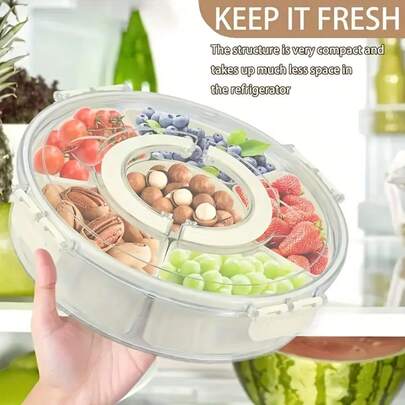 1PC Divided Tray, Large Capacity With Lid And Handle, Portable And Practical, Premium Plastic Material, Fruit & Snack Storage Tray; Minimalist Modern Style, Solid Color Round Design, Sealed Dust-Proof & Rotatable, Multi-Functional Vegetable Tray, Ideal For Kitchen Parties, Travel Picnics, Family Gatherings, Weddings & Holidays, Stackable Snack Box Container.