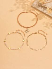 3pcs Delicate Faux Pearl Butterfly Beaded Chain Anklet Set, Versatile Daily Wear For Teenagers, Handmade Chain Can Be Cut To Desired Length, Faux Pearl Quantity Not Fixed - Gold - View 3