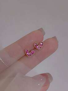 Cute Pink Heart Rhinestone Silver Earrings, Gift Box For Girlfriend, Best Friend, Birthday, Holiday - Hot Pink - View 6