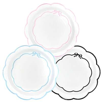 10pcs/20pcs/30pcs 7inch/9inch Blue, Pink, Black 3-Color Wavy Edge Paper Plates, Disposable Party Plates With Bow Tie, Suitable For Wedding, Birthday, Baby Shower, Dinner Table Decor