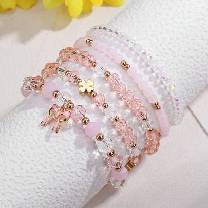 跨境流行蝴蝶结吊坠手链，波西米亚粉色珍珠水晶手链套装（女士款）