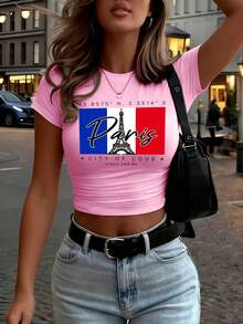 Paris City Of Love Since 259 Art Letter Print Women T Shirt Summer Short Sleeve Hip Hop Crewneck Clothes Slim Yoga Crop T-Shirts - 白色 - 查看 9