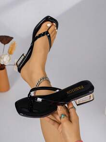 Women's Fashion Black Patent Leather Flip Flops, Casual Convenient Beach & Daily Wear - Black - View 1