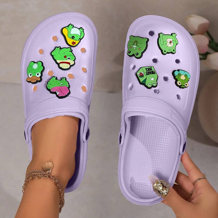 Women's Handmade DIY Cute Animal Frog Accessories For Breathable Hole Shoes, Outdoor Beach Indoor Non-Slip Soft Comfortable Wear-Resistant Bathroom Shower Sandals - Purple - View 1