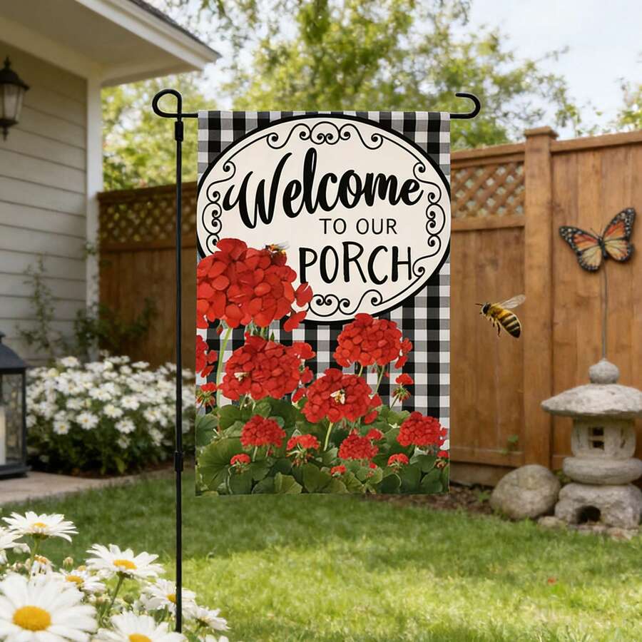 1pc Welcome To Our Porch Garden Flag (12"X18"), Double-Sided Yard Flag, Holiday Supplies, Holiday Arrangements, Garden Decor, Yard Outdoor Small Decorations Burlap, Yard Decor, Yard Supplies, Party Decor, Wedding Event Party Daily Decor (No Pole) - Black Check Rose Style - View 1