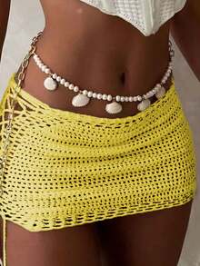 女士纯色半身裙，时尚休闲性感镂空针织半身裙，适合日常度假穿着，夏季女士服装 - 黃色 - 查看 1