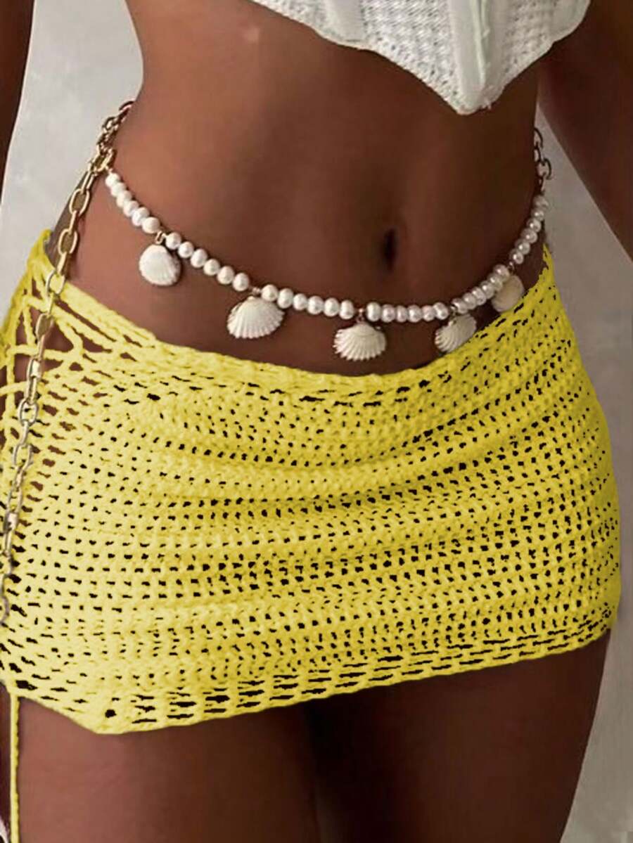 女士纯色半身裙，时尚休闲性感镂空针织半身裙，适合日常度假穿着，夏季女士服装 - 黃色 - 查看 1