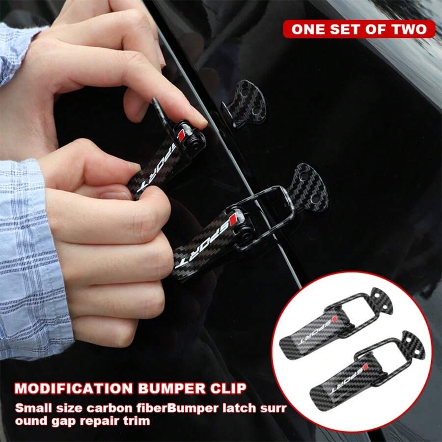 2pcs Car Bumper Clips With "SPORT" Logo Design, Carbon Fiber Car Bumper Safety Hook Lock Buckle, Universal Quick Release Front/Rear Bumper Trunk Fastener Clips Set, Universal Black Color, Suitable For Car And Truck Bumpers, Fenders, Trunk Lids, Rear Body Parts Metal Fixation Clamps, Auto Decorative Accessories