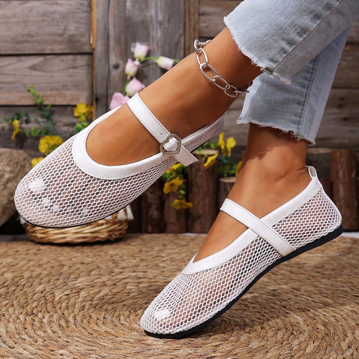 Bailarinas Mary Jane de malla para mujer de verano, zapatos de ballet transpirables con diseño de punta redonda y hebilla de corazón, ligeros y cóm