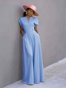 Women's New Solid Color Cutout Pocket Wide Leg Jumpsuit, Suitable For Daily, Office, Vacation In Spring & Summer - Recommend Sizing Up One Size For Slim Fit - Blue - View 6