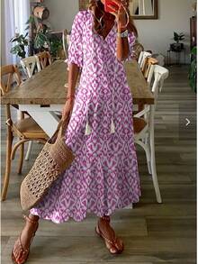 2026 European And American Bestseller Casual Sweet Loose V-Neck Printed Fringed Mid-Sleeve Long Dress For Women - 白色4 - 查看 10
