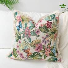 1 pieza Funda de cojín estilo granja vintage, Funda de almohada suave con bordado floral, Cojín decorativo de sofá con borlas y flores tropicales, Decoración de dormitorio, Funda de almohada rústica con borlas, Funda de cojín suave con mariposa bohemia, Artículo de decoración del hogar, Verde, Rosa, Azul - Mariposa azul - Ver 4