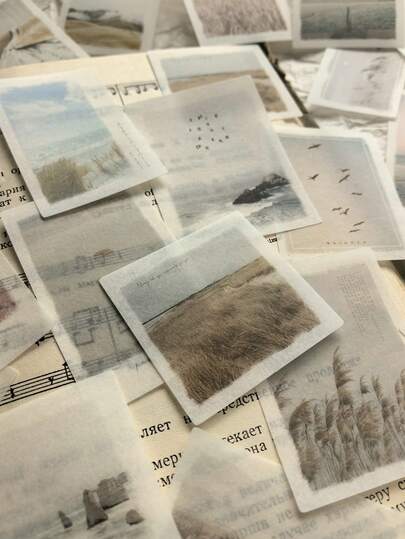 1 paquete de 50 piezas de pegatinas de washi con paisajes y poesía, decoraciones para manualidades de scrapbooking y diarios, suministros de scrapbooking, pegatinas divertidas para papelería y Kindle