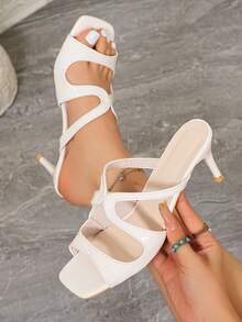 Sandal đế bệt mũi vuông bằng da bóng màu trắng quyến rũ năm 2026, sandal cao gót khoét lỗ dự tiệc. - Màu be - Xem 4