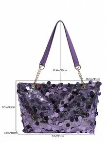 2026新款亮片腋下包，欧美时尚单肩手提包，大容量通勤链条托特包 - 紫色 - 查看 5