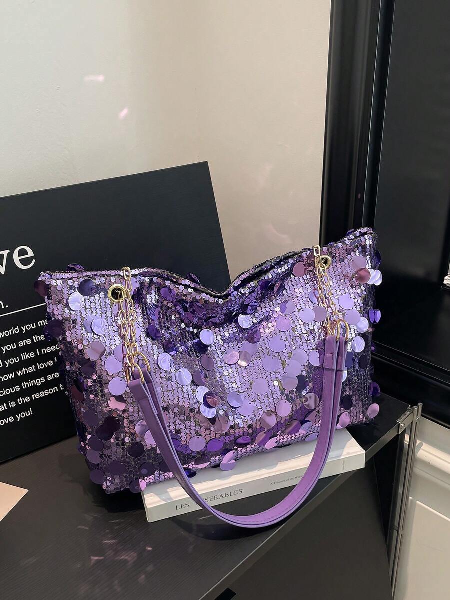 2026新款亮片腋下包，欧美时尚单肩手提包，大容量通勤链条托特包 - 紫色 - 查看 1