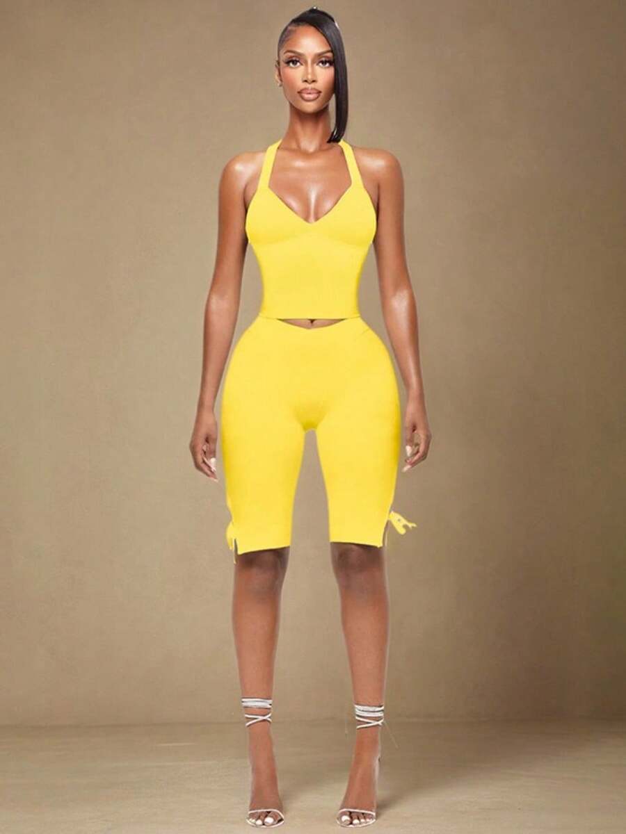 Fashionable Casual Women's Spring And Summer Halter Neck Strapless Backless Bow Knot Solid Color Set With Pants - 黃色 - 查看 1