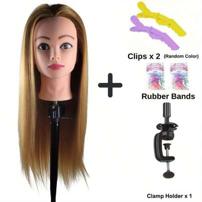 Blonde Synthetic Fiber Mannequin Head, Hairdresser Training Manikin, Cosmetology Practice Doll With Clamp Stand, Hair Accessories Included