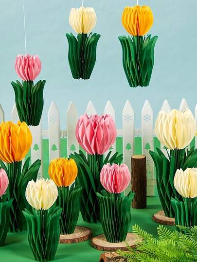 6 件装蜂窝郁金香中心装饰品 - 纸质蜂窝结构，内含郁金香花片，适合春季派对、母亲节装饰、婚礼、聚会 - 可组装，多用途桌面或悬挂装饰