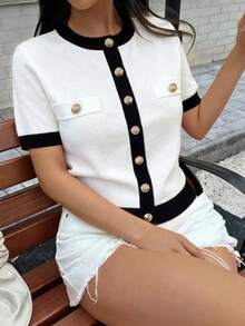 女款白色Y2K對比色短袖針織開襟衫，金色鈕扣，寬鬆優雅上衣，夏季款 - 白色 - 查看 5