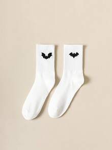 1/6 par (entrega aleatoria) Calcetines tipo tripulación con diseño de murciélago de dibujos animados, unisex y frescos, de moda y versátiles para el uso diario, primavera y otoño - Blanco y Negro - Ver 7