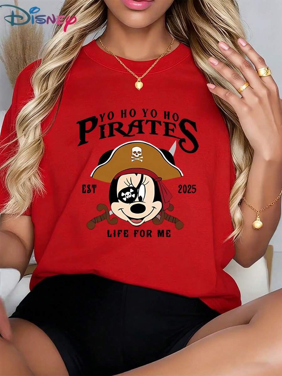 Casual Women's Disney Graphic T-Shirt, Featuring Minnie Mouse Pirate Sword Design (Playful Pink Pirate Print) - Versatile For Family Cruises & Casual Outings, Popular Women's Pirate T-ShirtMade From Soft, Comfortable, And Durable Pure Cotton, This Is An Ideal Choice For Spring And Summer. This Crew Neck T-Shirt Is Suitable For Various Occasions, Including Everyday Wear, Shopping, Parties, Travel, And Gatherings, And Also Makes A Thoughtful Gift. - Red - View 1